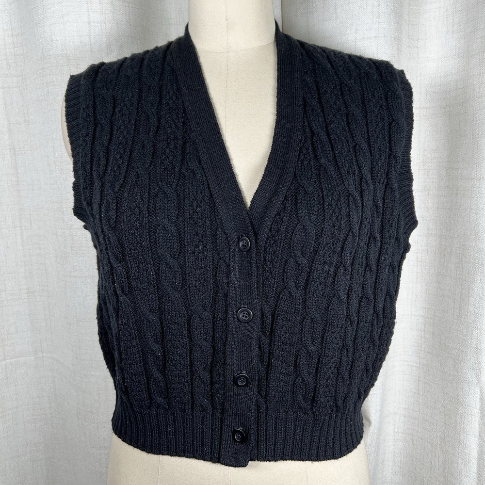 Vintage Pendleton Textured Cardigan Sweater Vest Women's Large Black Virgin Wool